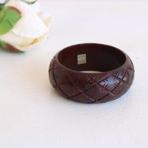 Vintage Bangle Bracelet, Brown Wood Carved Stacking Bracelet, Made in India Boho